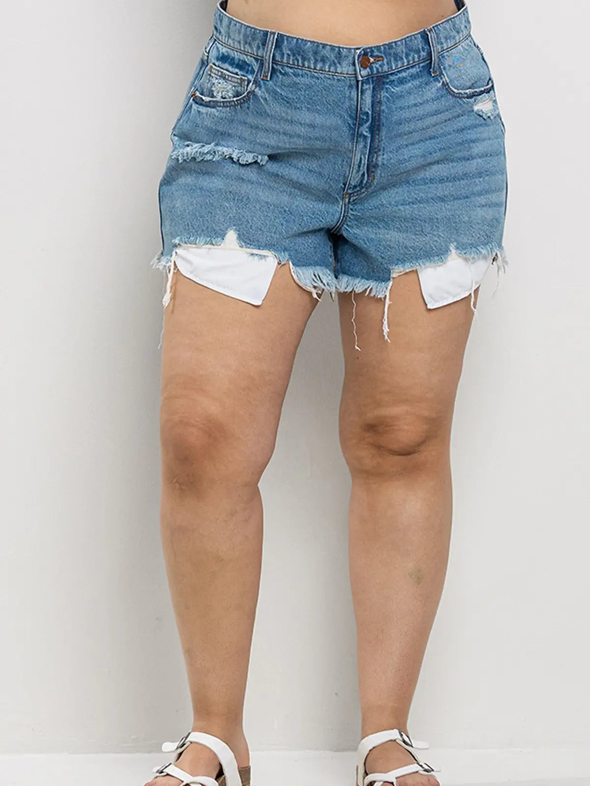 High Rise Plus Distress Denim Shorts