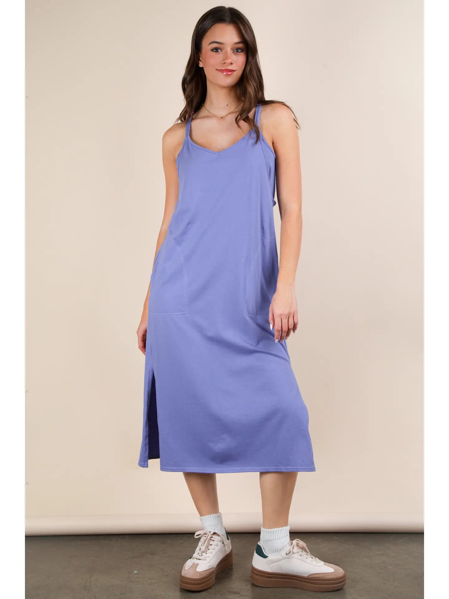 Indigo V-Neck Sleeveless Casual Comfy Midi Dress - Athena's Fashion Boutique