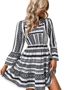 Black and White V-neck Long-Sleeve Ruffled Pleated Mini Dress