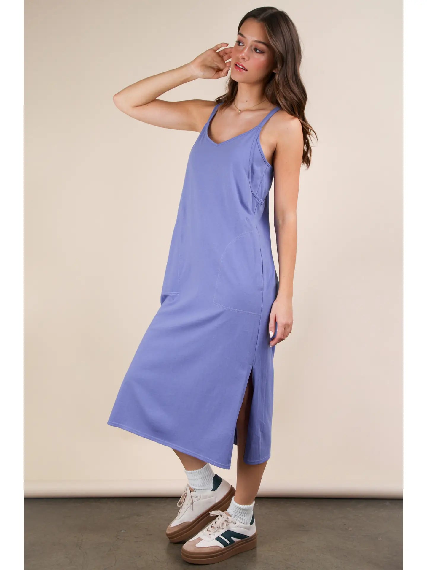Indigo V-Neck Sleeveless Casual Comfy Midi Dress - Athena's Fashion Boutique