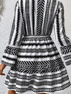 Black and White V-neck Long-Sleeve Ruffled Pleated Mini Dress