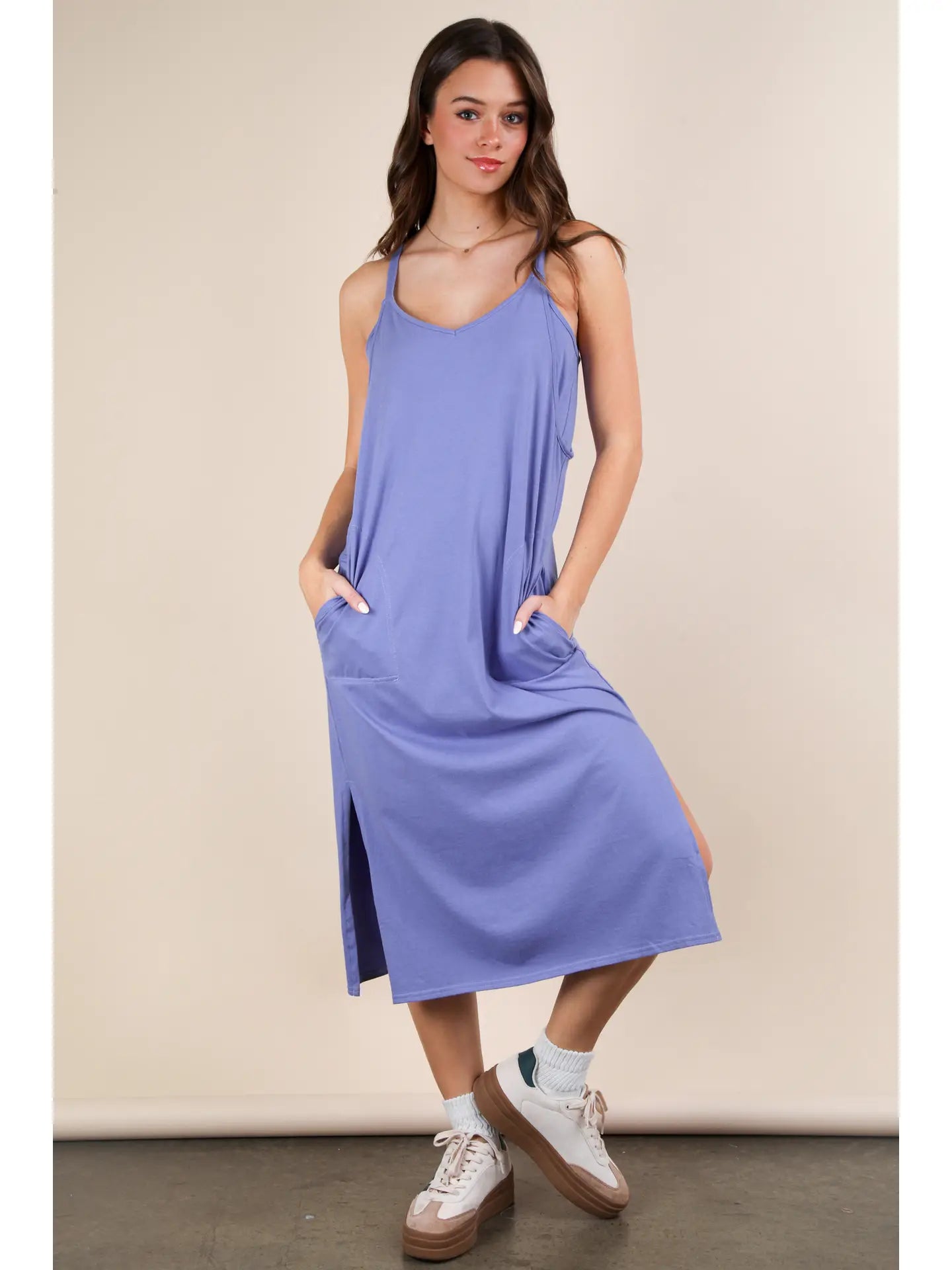 Indigo V-Neck Sleeveless Casual Comfy Midi Dress - Athena's Fashion Boutique