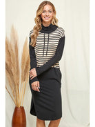 High Neck Long Sleeve Stripe Contrast Dress - Athena's Fashion Boutique