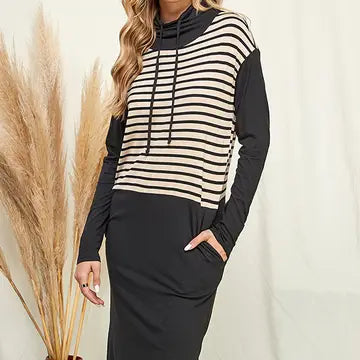 High Neck Long Sleeve Stripe Contrast Dress - Athena's Fashion Boutique