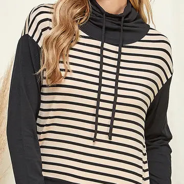 High Neck Long Sleeve Stripe Contrast Dress - Athena's Fashion Boutique