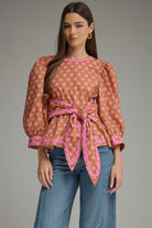 Entro | Becca Tie Front Floral Top - Camel/Pink | Sweetest Stitch Boutique