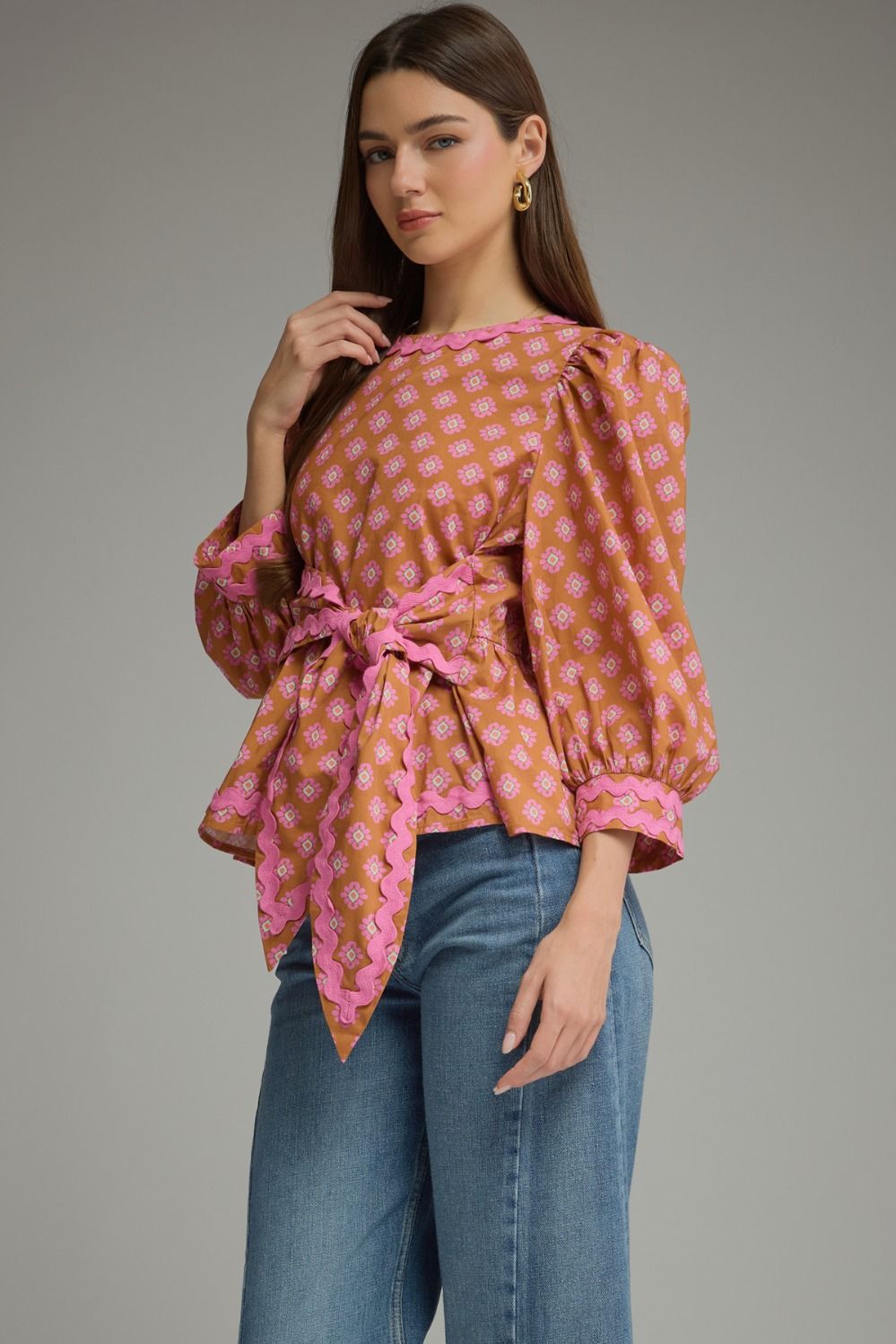 Entro | Becca Tie Front Floral Top - Camel/Pink | Sweetest Stitch Boutique