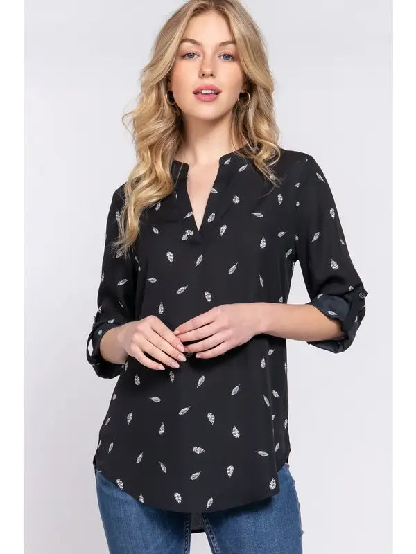 3/4 Roll Up Sleeve V-Neck Feather Print Woven Blouse - Athena's Fashion Boutique