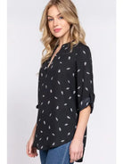 3/4 Roll Up Sleeve V-Neck Feather Print Woven Blouse - Athena's Fashion Boutique