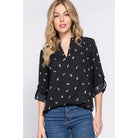 3/4 Roll Up Sleeve V-Neck Feather Print Woven Blouse - Athena's Fashion Boutique