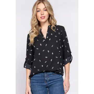 3/4 Roll Up Sleeve V-Neck Feather Print Woven Blouse - Athena's Fashion Boutique