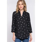 3/4 Roll Up Sleeve V-Neck Feather Print Woven Blouse - Athena's Fashion Boutique