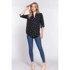 3/4 Roll Up Sleeve V-Neck Feather Print Woven Blouse - Athena's Fashion Boutique