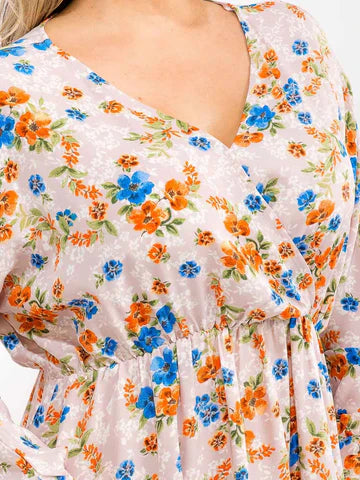 Plus Size Long Sleeve Surplice Elastic Waist Floral Mini Dress
