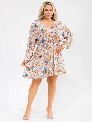 Plus Size Long Sleeve Surplice Elastic Waist Floral Mini Dress