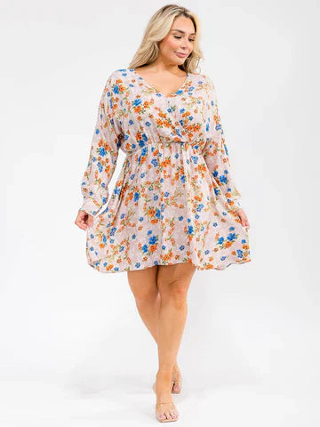 Plus Size Long Sleeve Surplice Elastic Waist Floral Mini Dress