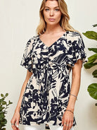 Women's Cream and Navy Rouching Flutter Peplum Top