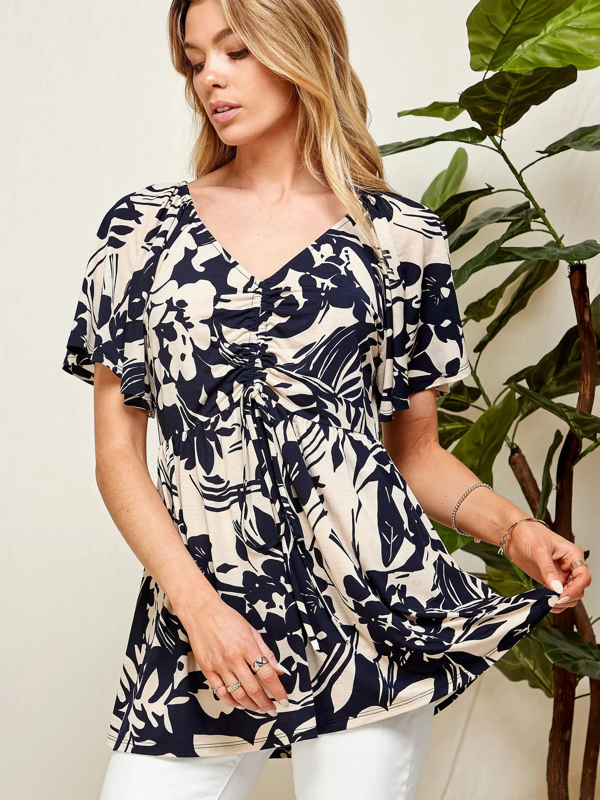 Women's Cream and Navy Rouching Flutter Peplum Top