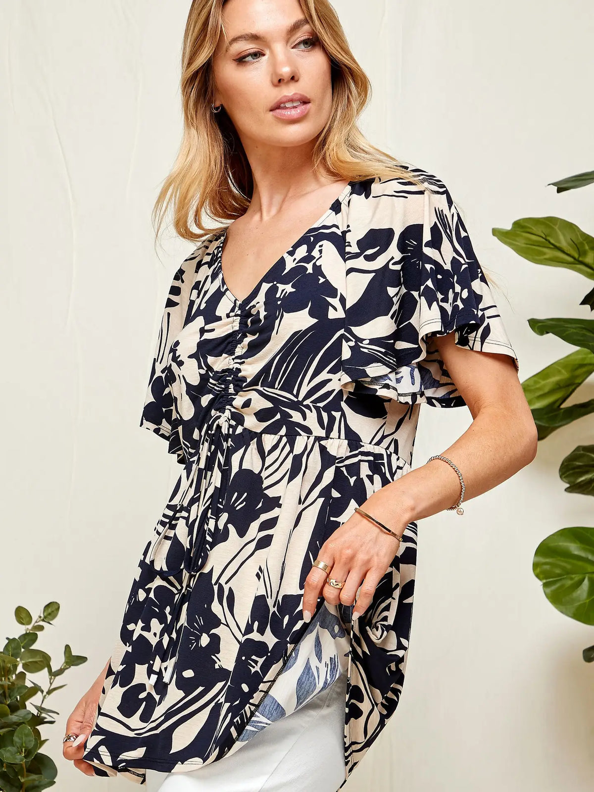 Women's Cream and Navy Rouching Flutter Peplum Top