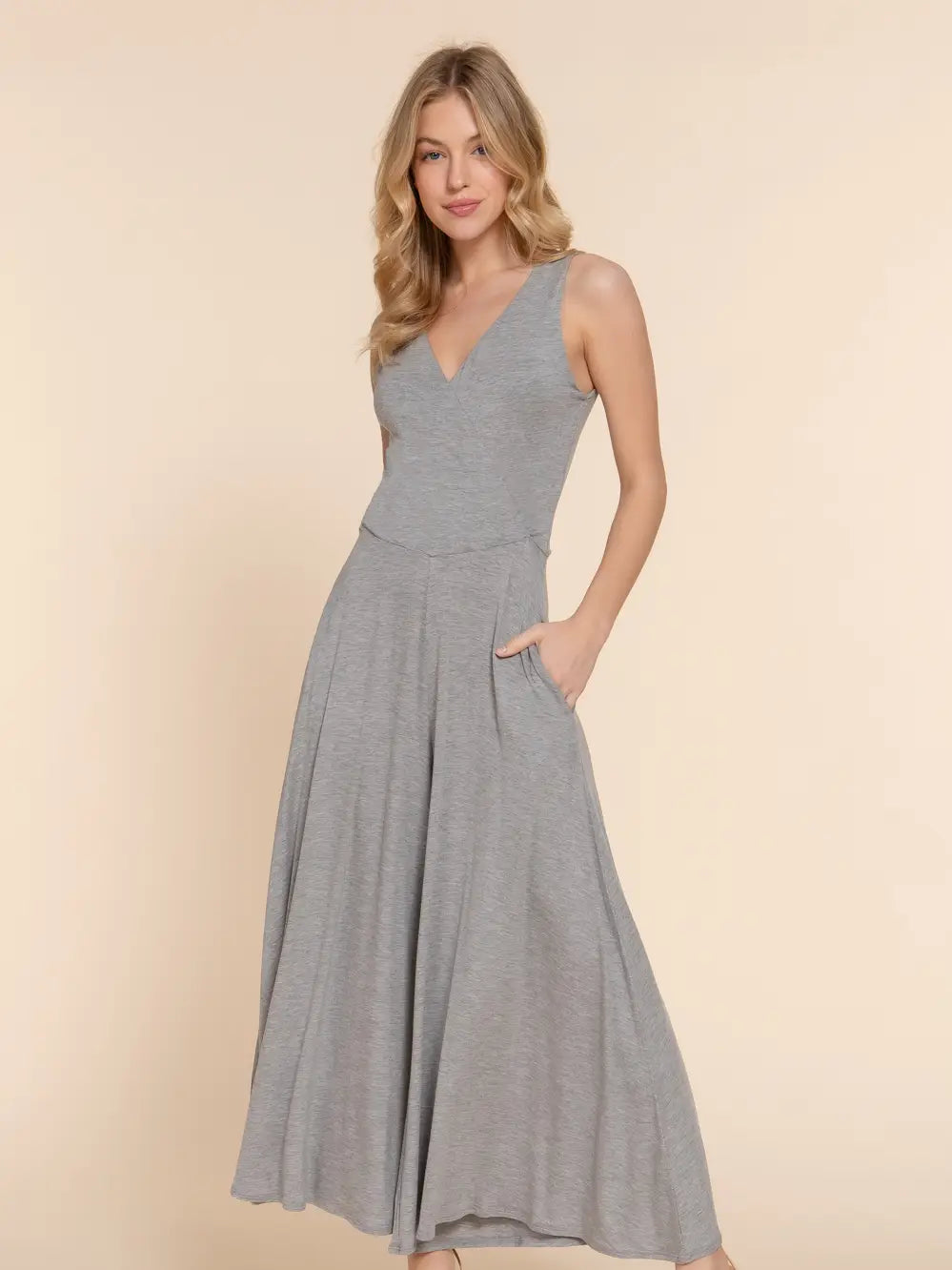Gray Sleeveless Double V-Neck Surplice Knit Jumpsuit