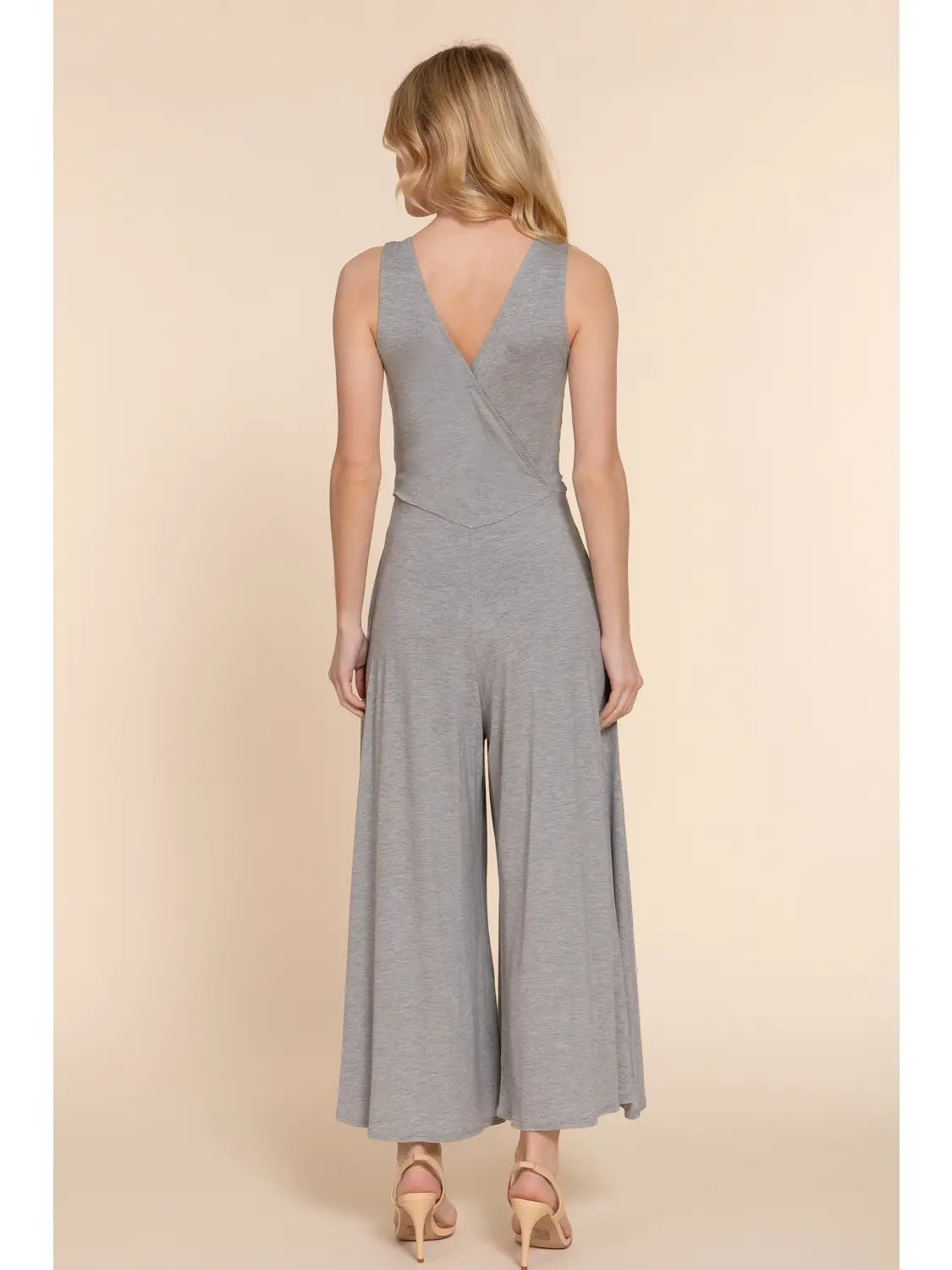Gray Sleeveless Double V-Neck Surplice Knit Jumpsuit