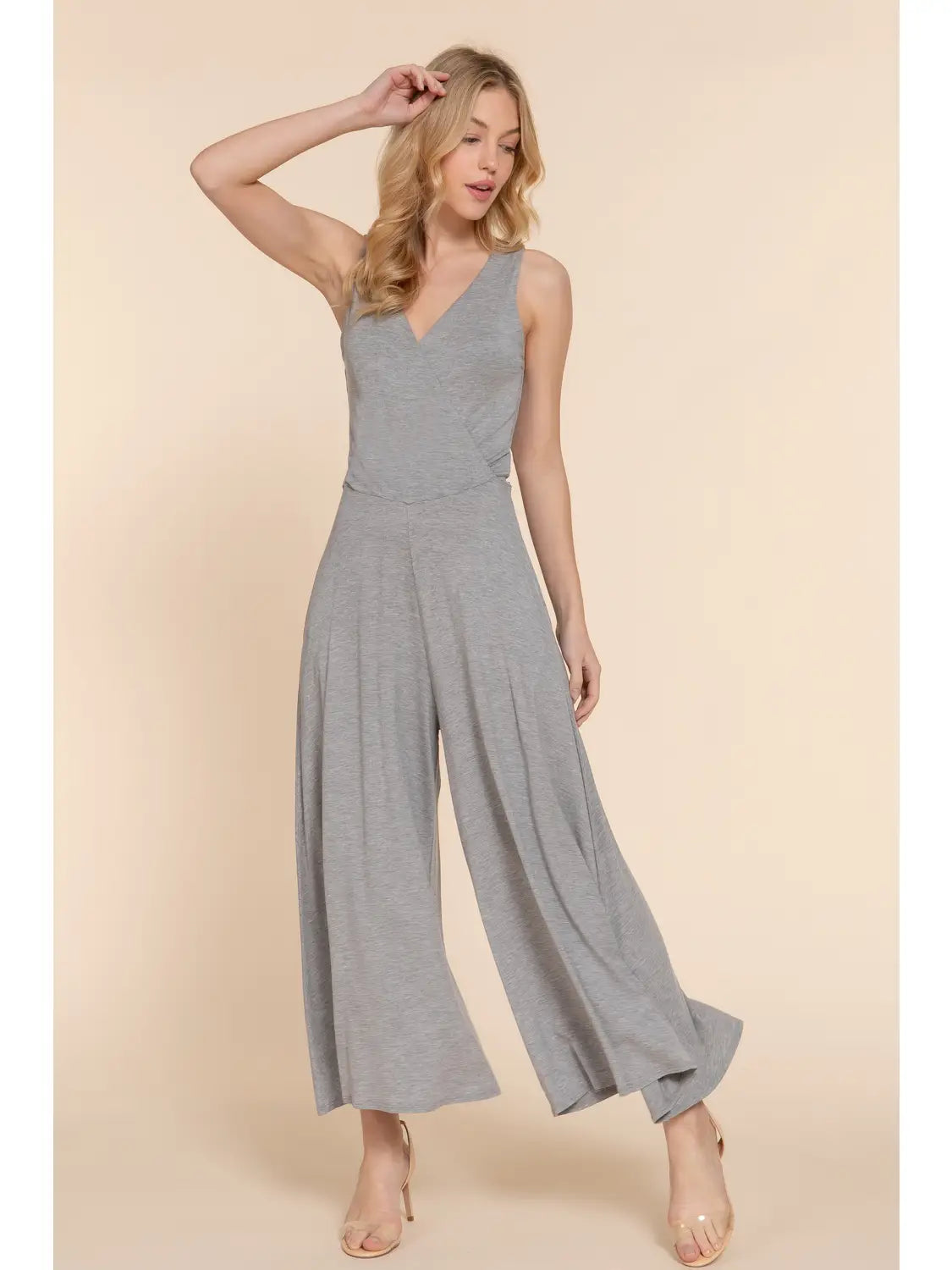 Gray Sleeveless Double V-Neck Surplice Knit Jumpsuit