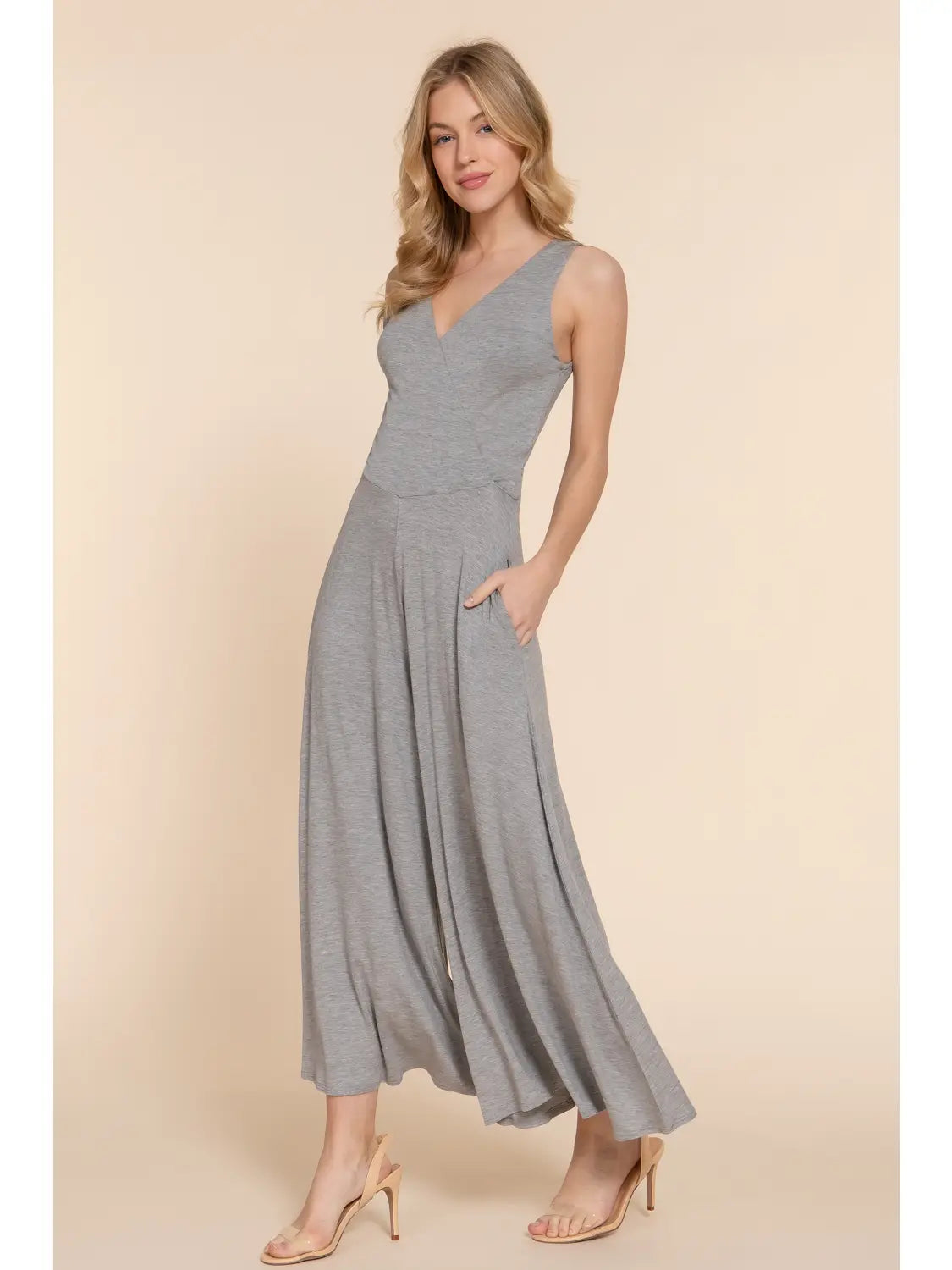 Gray Sleeveless Double V-Neck Surplice Knit Jumpsuit