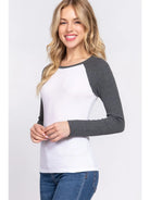 Gray and White Long Raglan Sleeve Color Block Thermal Knit Top