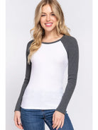 Gray and White Long Raglan Sleeve Color Block Thermal Knit Top