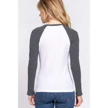 Gray and White Long Raglan Sleeve Color Block Thermal Knit Top