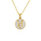 Saints and Saviors Dainty Fancy Initial Pendant Necklace gold letter H on small silver disc