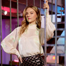 Illusion Sweetheart Ruffle Neck Long Sleeve Blouse