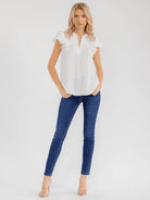 WOMEN'S SHORT RUFFLE SLEEVE V-NECK LACE CROCHET DETAILED BLOUSE