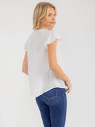 WOMEN'S SHORT RUFFLE SLEEVE V-NECK LACE CROCHET DETAILED BLOUSE