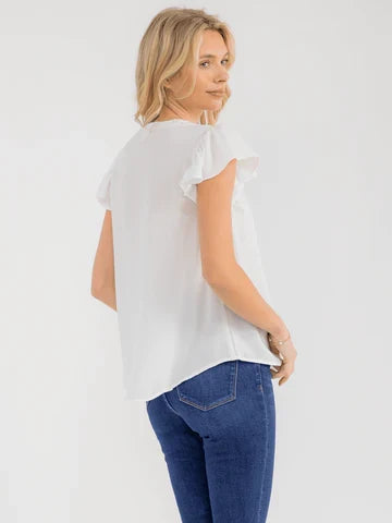 WOMEN'S SHORT RUFFLE SLEEVE V-NECK LACE CROCHET DETAILED BLOUSE
