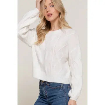 Ivory Long Sleeve Crew Neck Cable Detail Sweater - Athena's Fashion Boutique