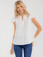 WOMEN'S SHORT RUFFLE SLEEVE V-NECK LACE CROCHET DETAILED BLOUSE