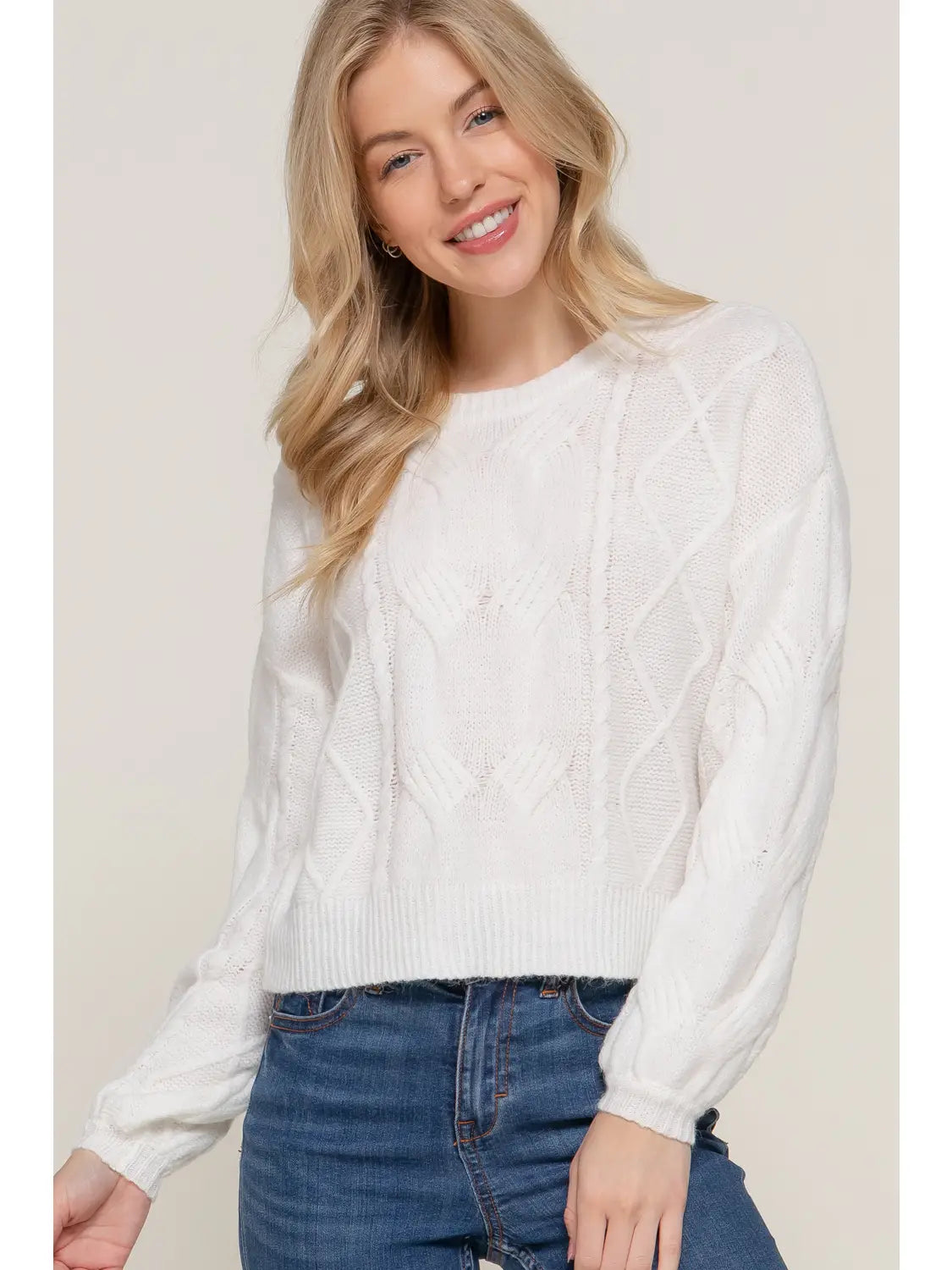 Ivory Long Sleeve Crew Neck Cable Detail Sweater - Athena's Fashion Boutique
