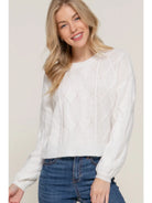 Ivory Long Sleeve Crew Neck Cable Detail Sweater - Athena's Fashion Boutique