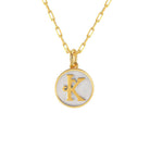 Saints and Saviors Dainty Fancy Initial Pendant Necklace gold letter K on small silver disc