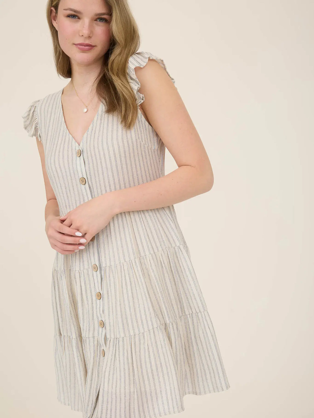 Khaki Stripe V Neck Button Down Tiered Mini Dress - Athena's Fashion Boutique