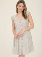 Khaki Stripe V Neck Button Down Tiered Mini Dress - Athena's Fashion Boutique