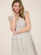 Khaki Stripe V Neck Button Down Tiered Mini Dress - Athena's Fashion Boutique