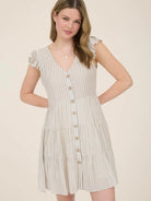 Khaki Stripe V Neck Button Down Tiered Mini Dress - Athena's Fashion Boutique