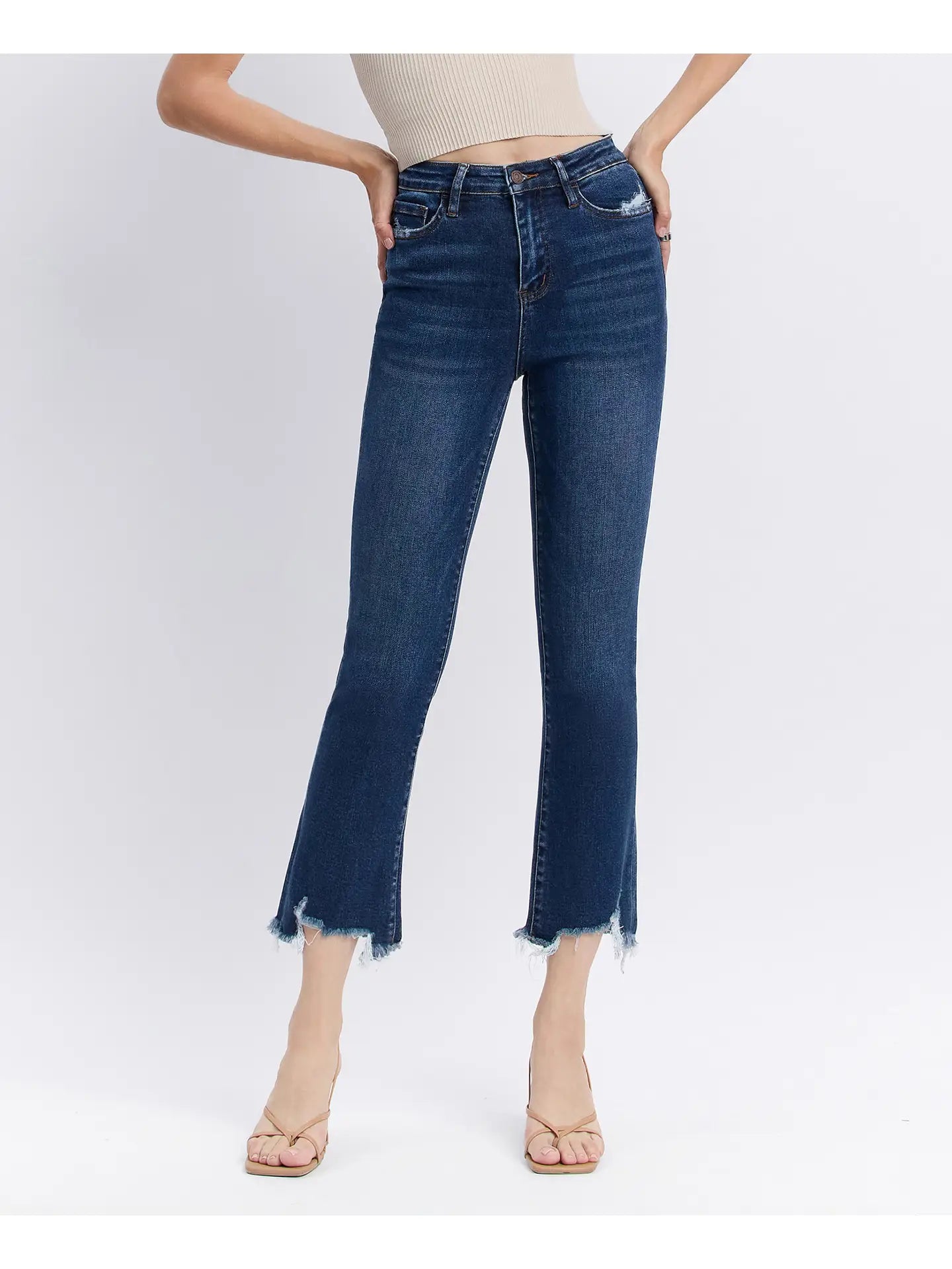 High Rise Dark Denim Distressed Hem Kick Flare Jeans
