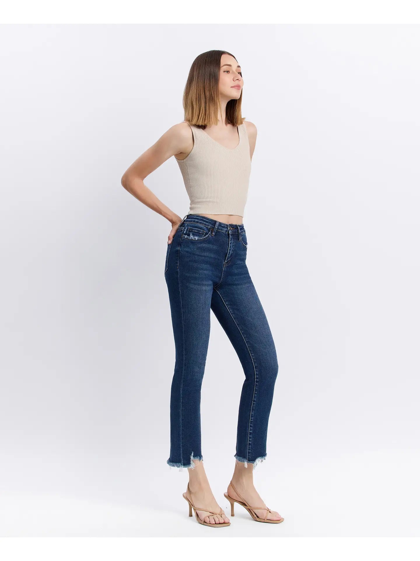 High Rise Dark Denim Distressed Hem Kick Flare Jeans