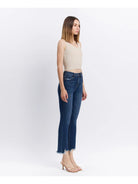 High Rise Dark Denim Distressed Hem Kick Flare Jeans