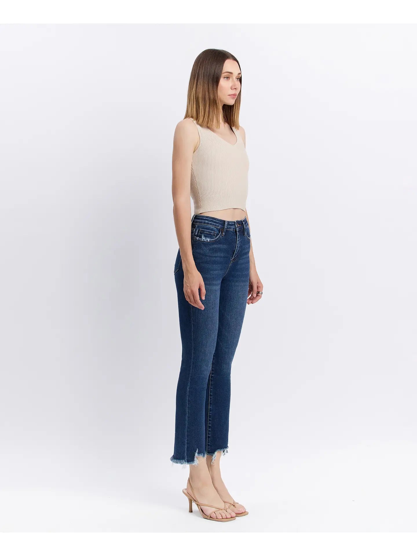 High Rise Dark Denim Distressed Hem Kick Flare Jeans