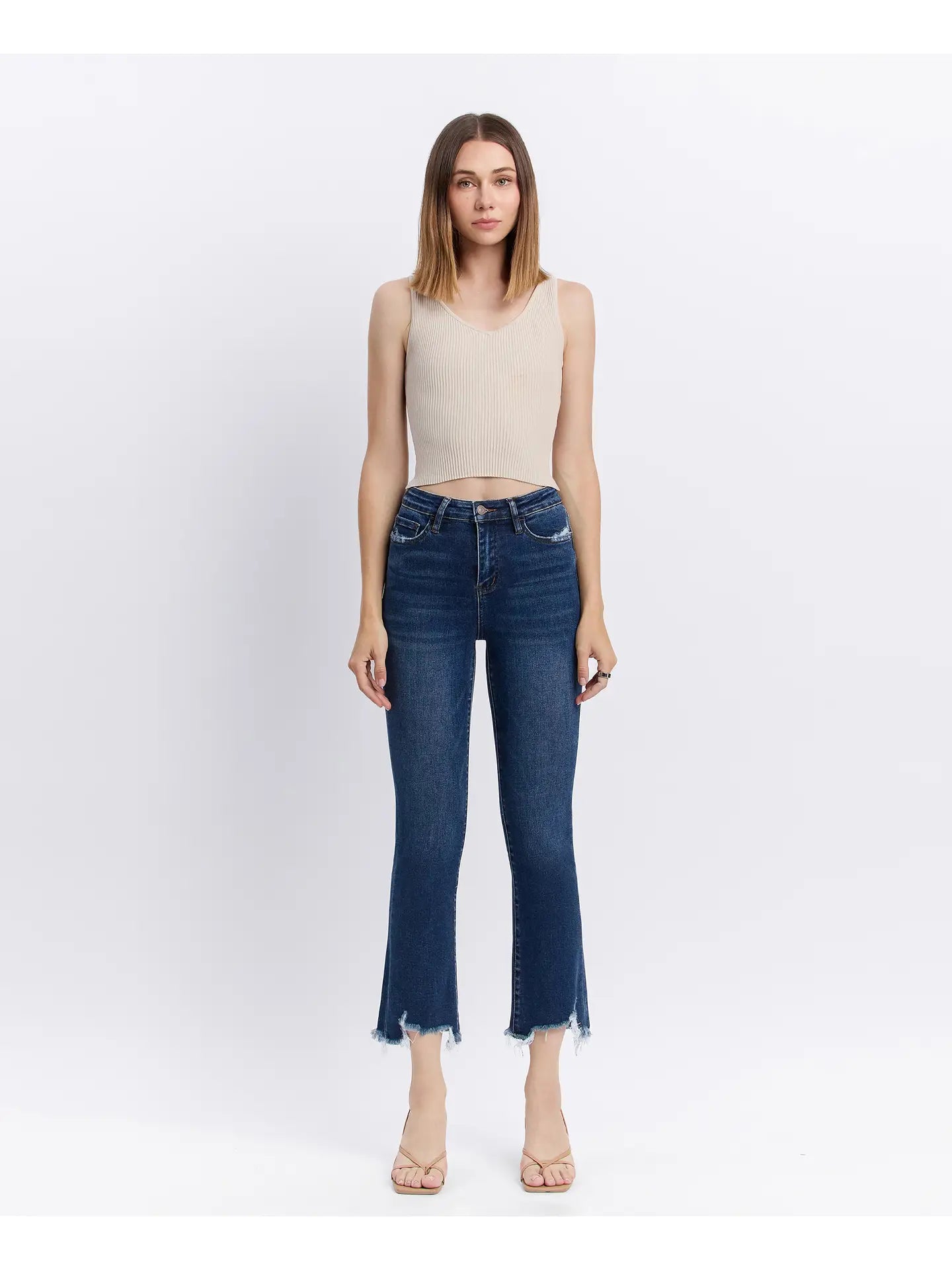 High Rise Dark Denim Distressed Hem Kick Flare Jeans
