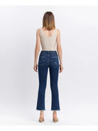 High Rise Dark Denim Distressed Hem Kick Flare Jeans